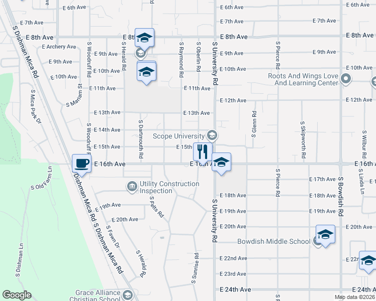 map of restaurants, bars, coffee shops, grocery stores, and more near 1511 South Raymond Road in Spokane Valley