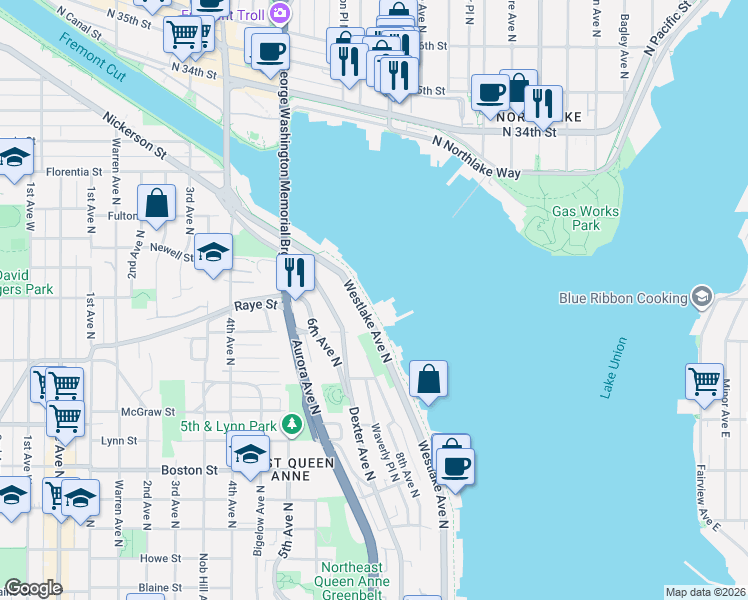 map of restaurants, bars, coffee shops, grocery stores, and more near 2524 Westlake Avenue North in Seattle