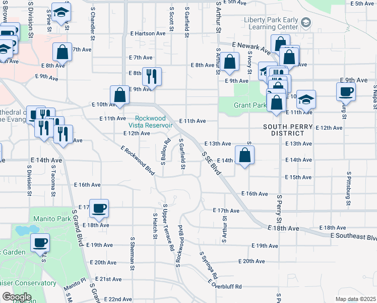 map of restaurants, bars, coffee shops, grocery stores, and more near 919 East 14th Avenue in Spokane