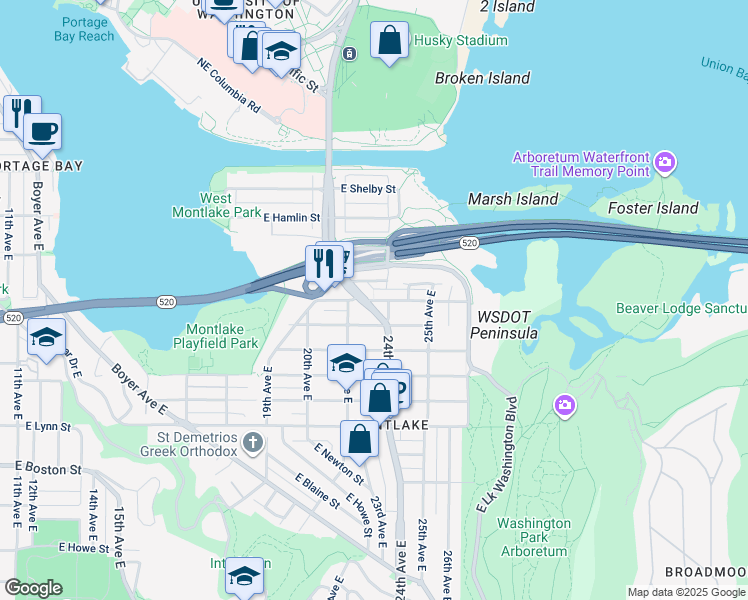 map of restaurants, bars, coffee shops, grocery stores, and more near 2251 East Roanoke Street in Seattle