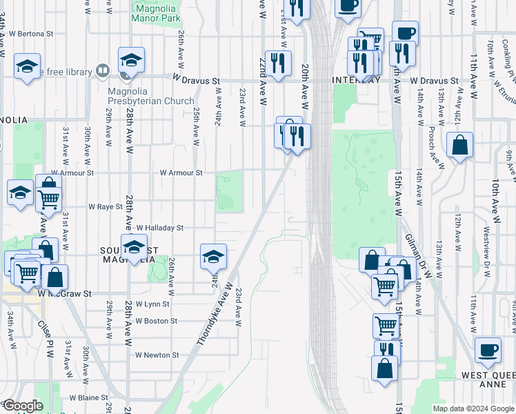 map of restaurants, bars, coffee shops, grocery stores, and more near 2603 B 22nd Avenue West in Seattle