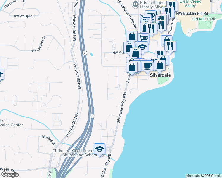 map of restaurants, bars, coffee shops, grocery stores, and more near 8814 Martin Avenue Northwest in Silverdale