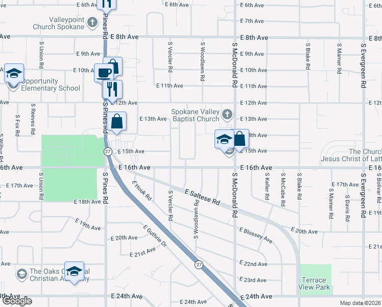 map of restaurants, bars, coffee shops, grocery stores, and more near 1506 South Woodlawn Road in Spokane Valley