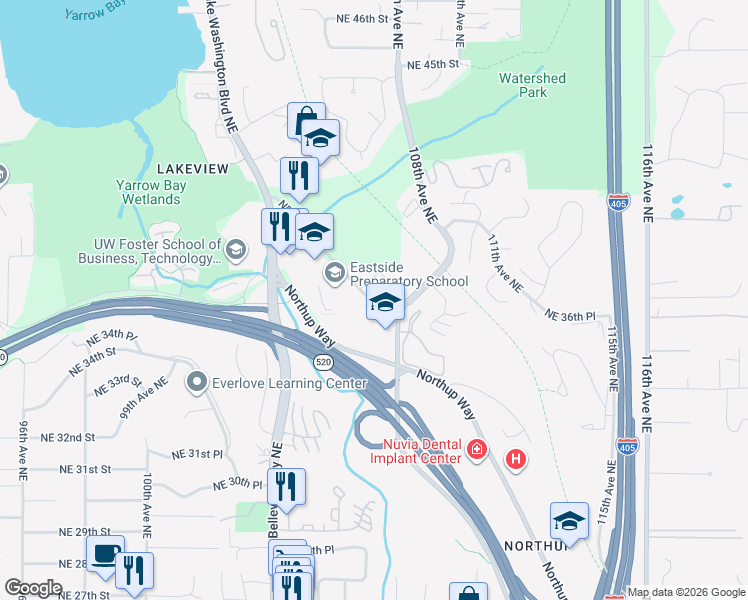 map of restaurants, bars, coffee shops, grocery stores, and more near 10715 Northeast 37th Court in Kirkland