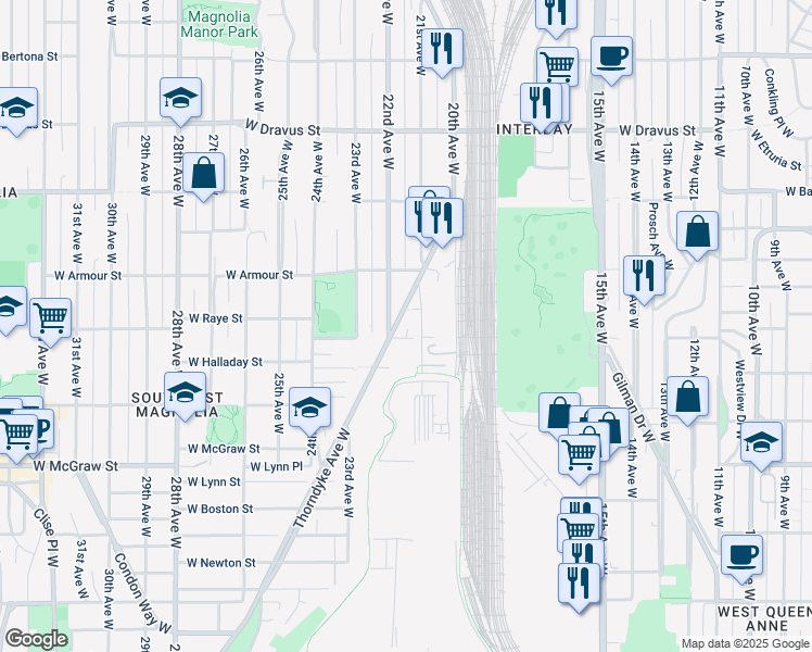 map of restaurants, bars, coffee shops, grocery stores, and more near 2109 West Raye Street in Seattle