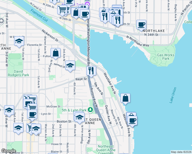 map of restaurants, bars, coffee shops, grocery stores, and more near 2508 6th Avenue North in Seattle