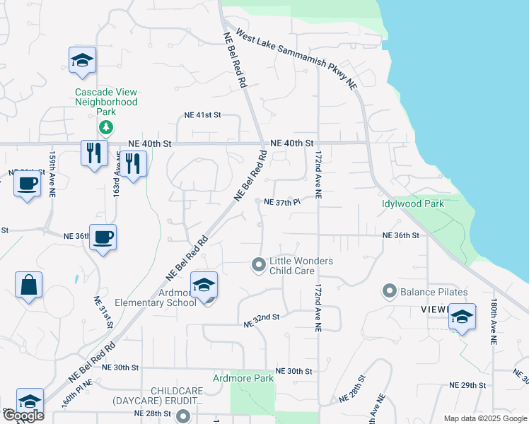 map of restaurants, bars, coffee shops, grocery stores, and more near 3704 169th Avenue Northeast in Bellevue