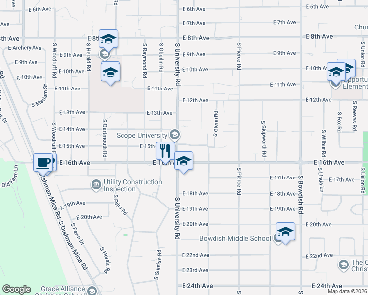 map of restaurants, bars, coffee shops, grocery stores, and more near 1509 South University Road in Spokane Valley