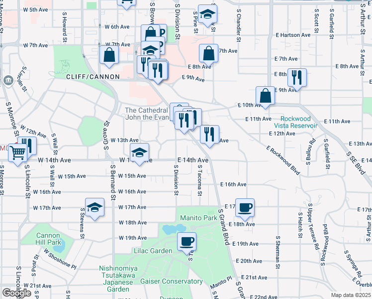 map of restaurants, bars, coffee shops, grocery stores, and more near 7 East 14th Avenue in Spokane