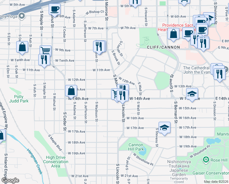 map of restaurants, bars, coffee shops, grocery stores, and more near 934 West 14th Avenue in Spokane