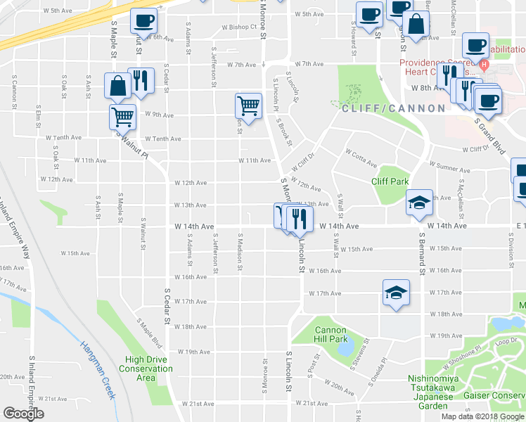 map of restaurants, bars, coffee shops, grocery stores, and more near 934 West 14th Avenue in Spokane