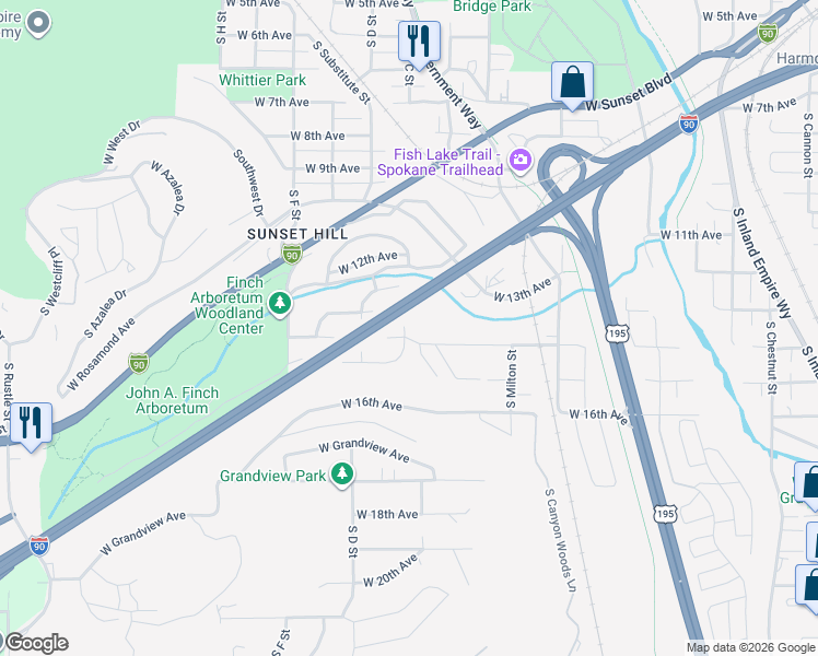 map of restaurants, bars, coffee shops, grocery stores, and more near 3004 West South Loop Avenue in Spokane