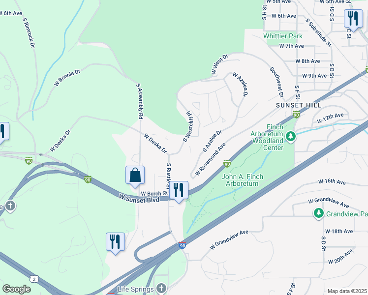 map of restaurants, bars, coffee shops, grocery stores, and more near 1314 South Westcliff Place in Spokane