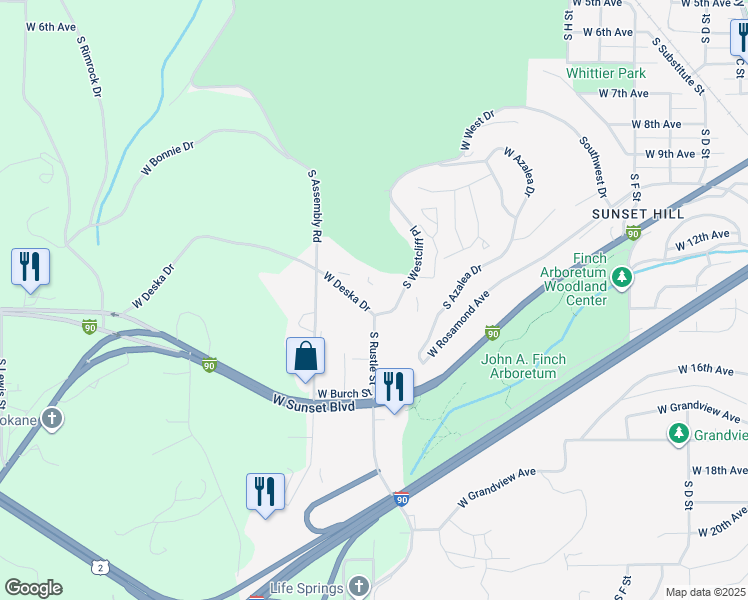 map of restaurants, bars, coffee shops, grocery stores, and more near 1314 South Westcliff Place in Spokane