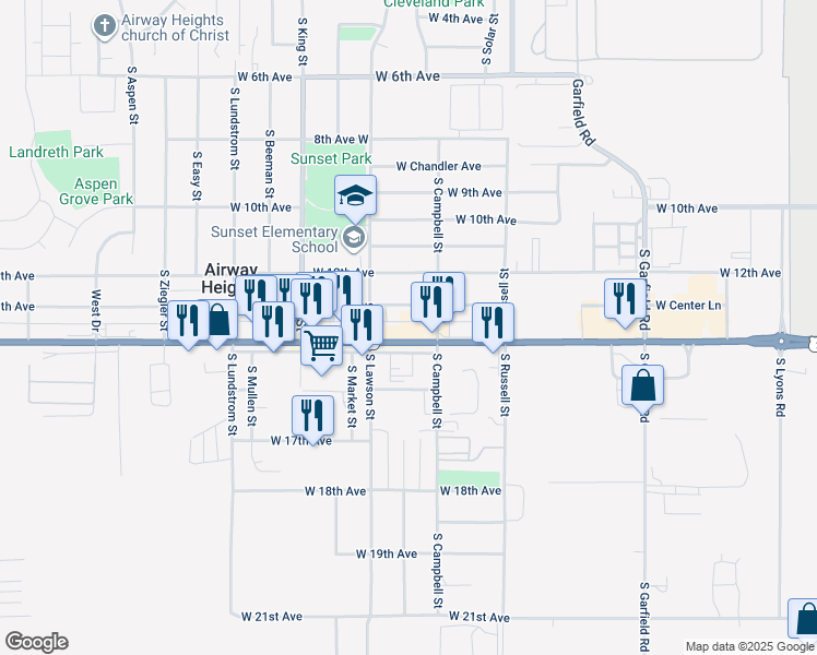 map of restaurants, bars, coffee shops, grocery stores, and more near 12634 West Sunset Highway in Airway Heights