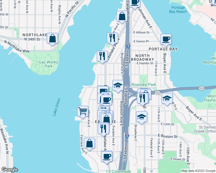 map of restaurants, bars, coffee shops, grocery stores, and more near 2501 Franklin Avenue East in Seattle