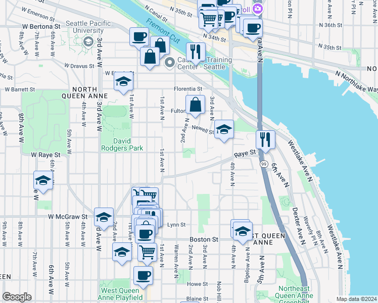 map of restaurants, bars, coffee shops, grocery stores, and more near 2600 2nd Avenue North in Seattle