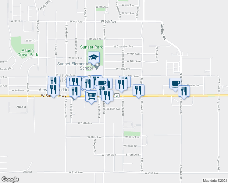 map of restaurants, bars, coffee shops, grocery stores, and more near 12634 West Sunset Highway in Airway Heights