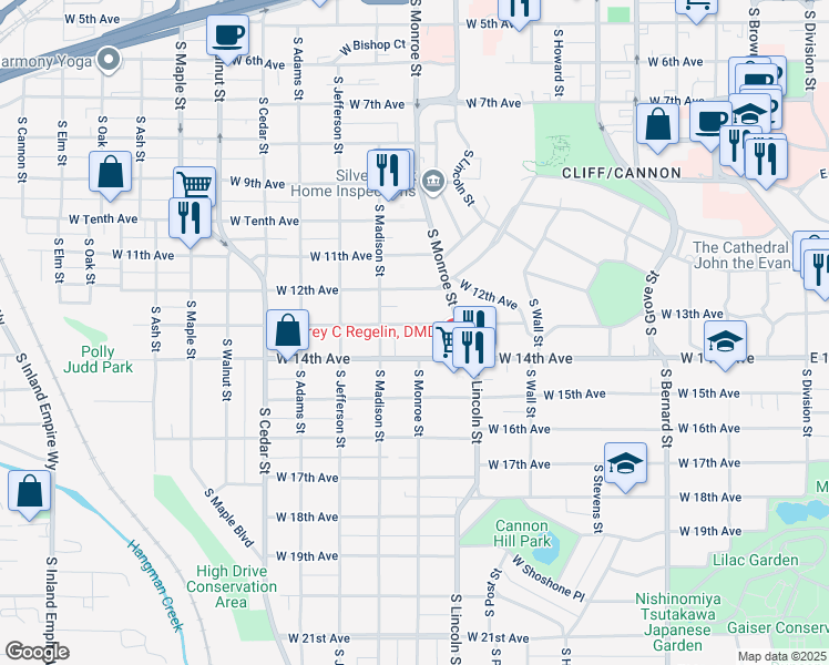 map of restaurants, bars, coffee shops, grocery stores, and more near 1007 West 13th Avenue in Spokane