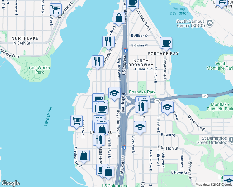 map of restaurants, bars, coffee shops, grocery stores, and more near 2603 Boylston Avenue East in Seattle