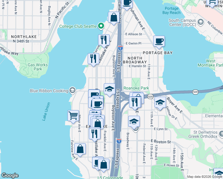map of restaurants, bars, coffee shops, grocery stores, and more near 2603 Boylston Avenue East in Seattle