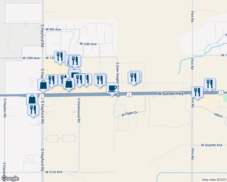 map of restaurants, bars, coffee shops, grocery stores, and more near 10006 West Sunset Highway in Spokane