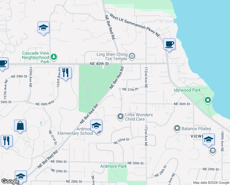 map of restaurants, bars, coffee shops, grocery stores, and more near 3650 Bel-Red Road in Bellevue