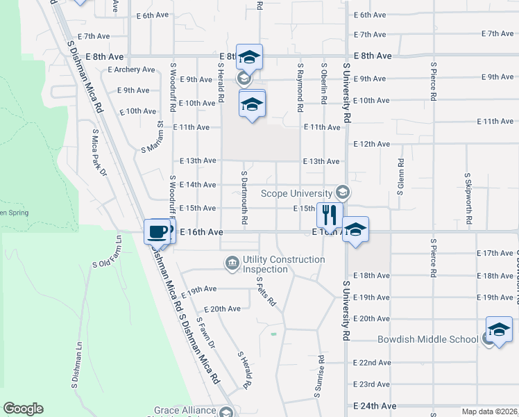 map of restaurants, bars, coffee shops, grocery stores, and more near 10210 East 15th Avenue in Spokane Valley