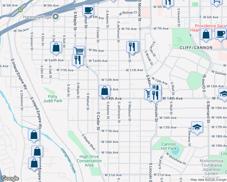 map of restaurants, bars, coffee shops, grocery stores, and more near 1317 South Adams Street in Spokane