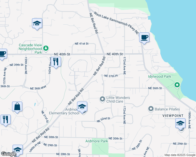 map of restaurants, bars, coffee shops, grocery stores, and more near 3643 169th Avenue Northeast in Bellevue