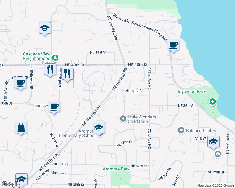 map of restaurants, bars, coffee shops, grocery stores, and more near 3643 169th Avenue Northeast in Bellevue