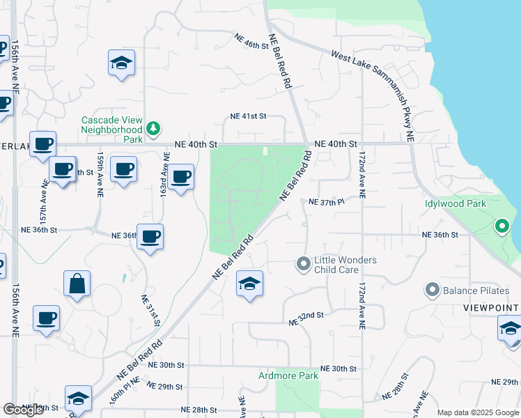 map of restaurants, bars, coffee shops, grocery stores, and more near 3442 Bel-Red Road in Bellevue