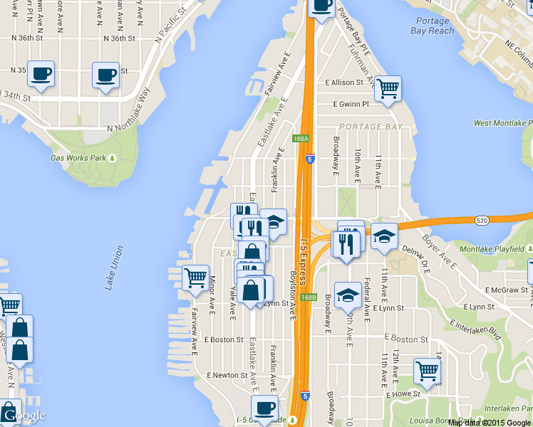 map of restaurants, bars, coffee shops, grocery stores, and more near 2501 Franklin Avenue East in Seattle