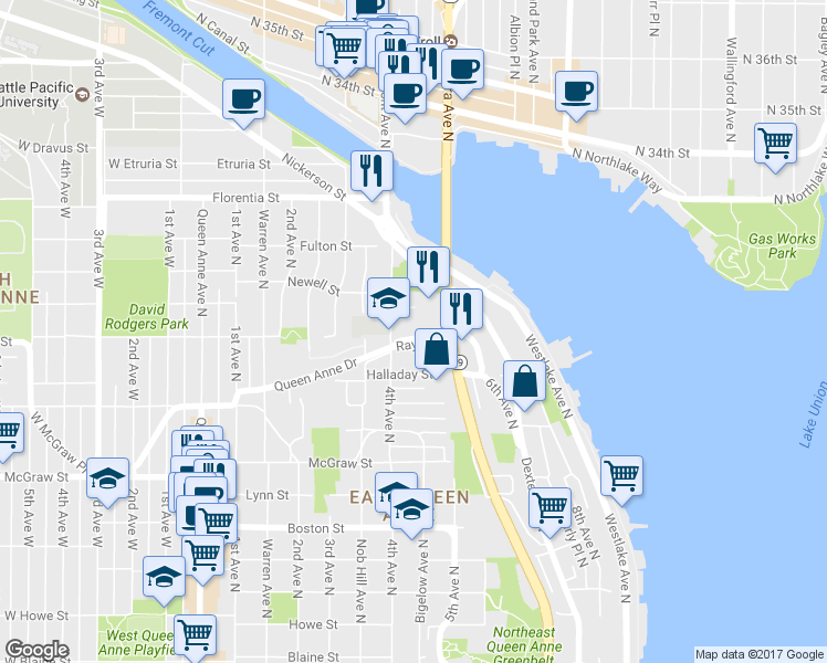 map of restaurants, bars, coffee shops, grocery stores, and more near 413 Raye Street in Seattle