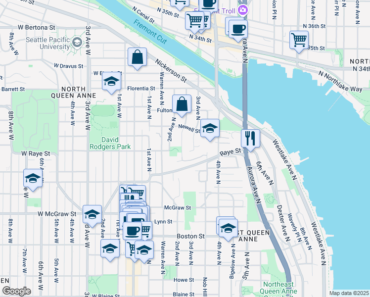 map of restaurants, bars, coffee shops, grocery stores, and more near 2527 3rd Avenue North in Seattle