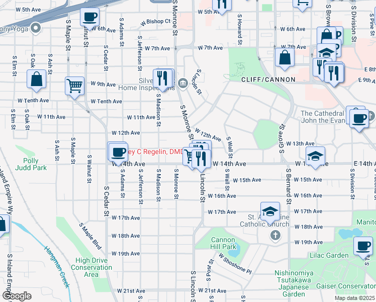 map of restaurants, bars, coffee shops, grocery stores, and more near 909 West 13th Avenue in Spokane