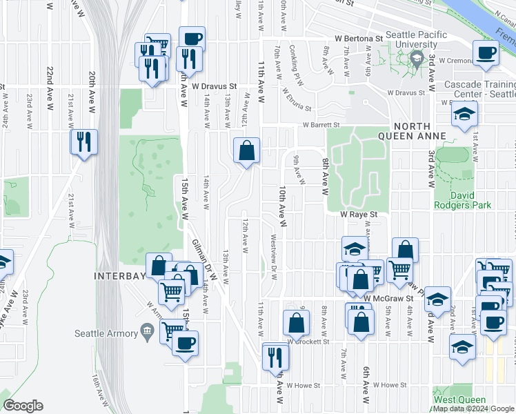 map of restaurants, bars, coffee shops, grocery stores, and more near 2615 11th Avenue West in Seattle
