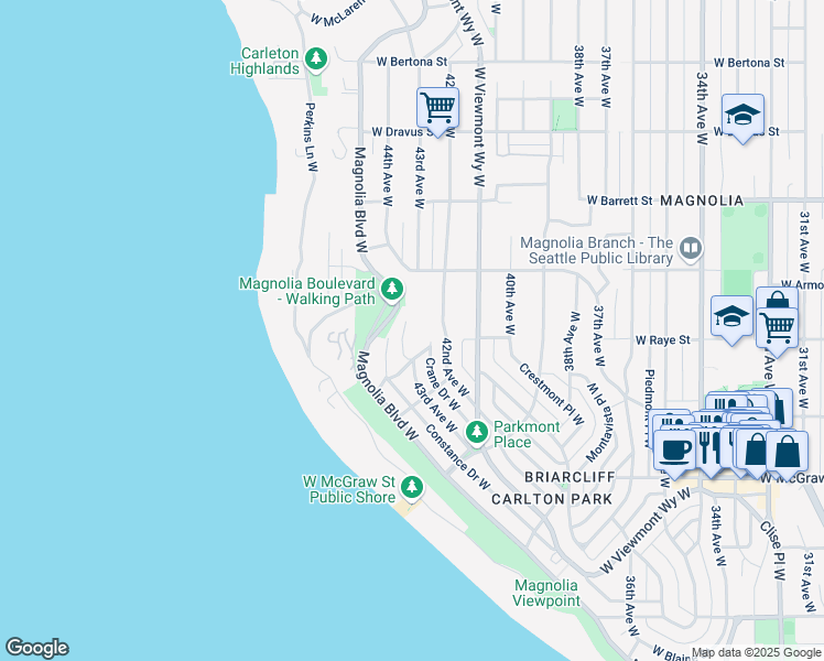 map of restaurants, bars, coffee shops, grocery stores, and more near 4246 West Montfort Place in Seattle