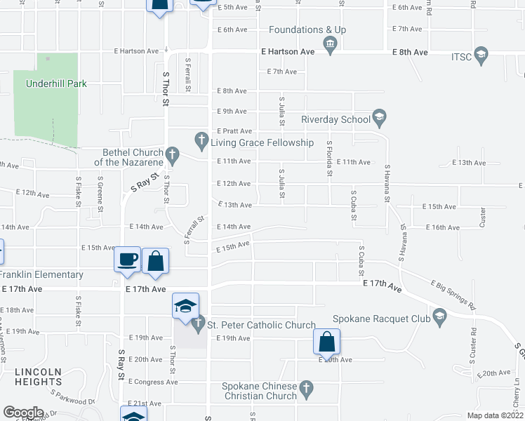 map of restaurants, bars, coffee shops, grocery stores, and more near 3808 East 13th Avenue in Spokane