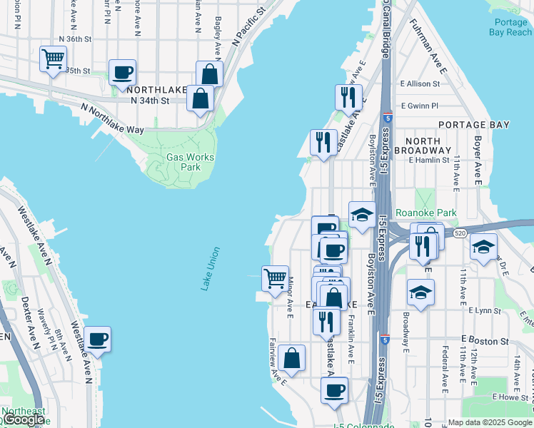 map of restaurants, bars, coffee shops, grocery stores, and more near 3217 Eastlake Avenue East in Seattle