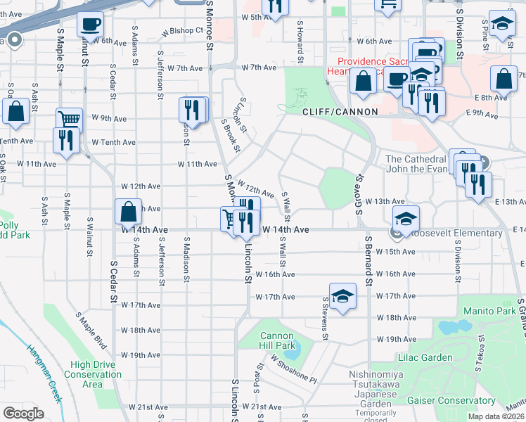 map of restaurants, bars, coffee shops, grocery stores, and more near 728 West 14th Avenue in Spokane