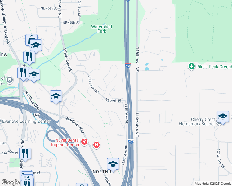 map of restaurants, bars, coffee shops, grocery stores, and more near 11306 Northeast 36th Place in Bellevue