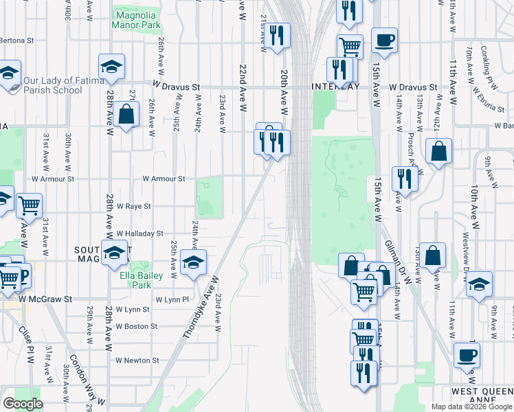 map of restaurants, bars, coffee shops, grocery stores, and more near 2600 21st Avenue West in Seattle