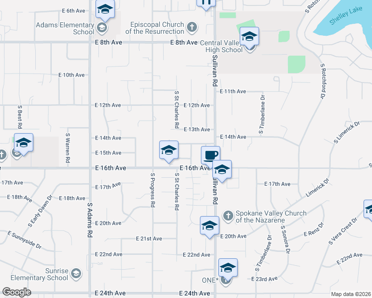 map of restaurants, bars, coffee shops, grocery stores, and more near 15217 East 15th Avenue in Spokane Valley