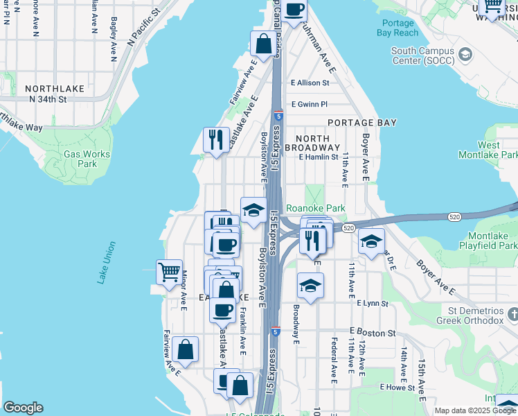 map of restaurants, bars, coffee shops, grocery stores, and more near 2603 Boylston Avenue East in Seattle