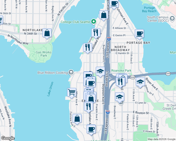 map of restaurants, bars, coffee shops, grocery stores, and more near 109 East Roanoke Street in Seattle