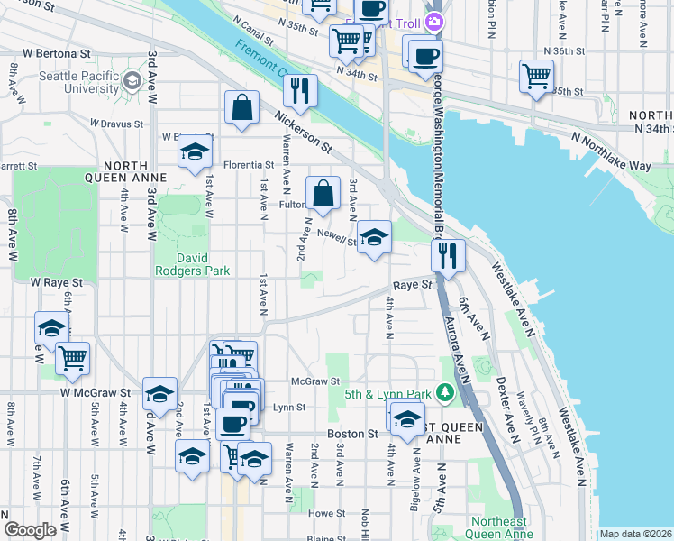 map of restaurants, bars, coffee shops, grocery stores, and more near 2527 3rd Avenue North in Seattle