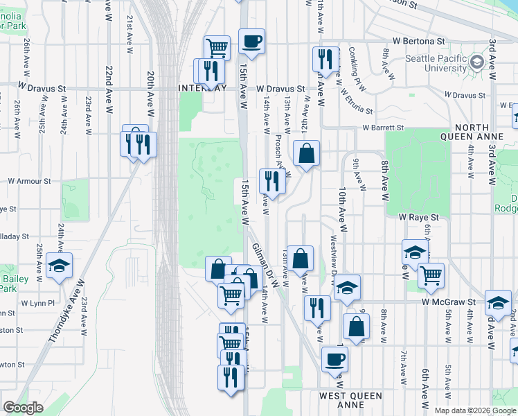 map of restaurants, bars, coffee shops, grocery stores, and more near 2606 15th Avenue West in Seattle