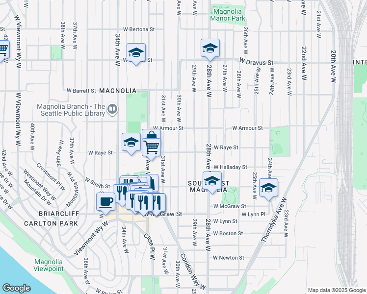 map of restaurants, bars, coffee shops, grocery stores, and more near 2566 30th Avenue West in Seattle