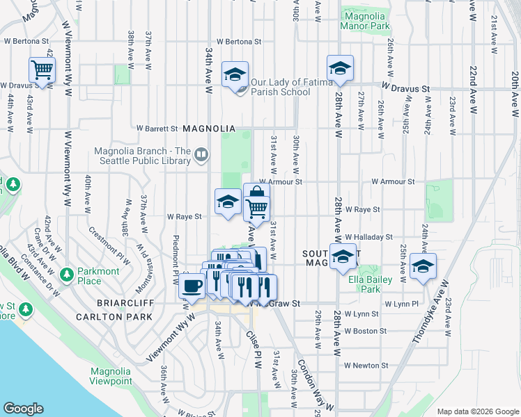 map of restaurants, bars, coffee shops, grocery stores, and more near 2539 32nd Avenue West in Seattle